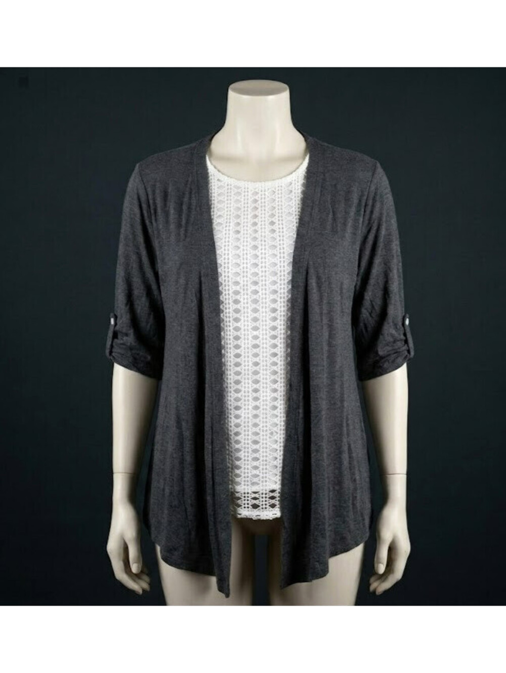 Naif Womens Cardigan Sweater Size M Gray Faux 2-Piece Lace Inset Roll Tab Sleeve
